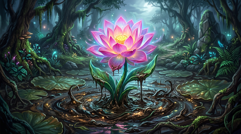 A glowing pink lotus flower emerging from dark, swirling swamp mud in a mystical forest setting