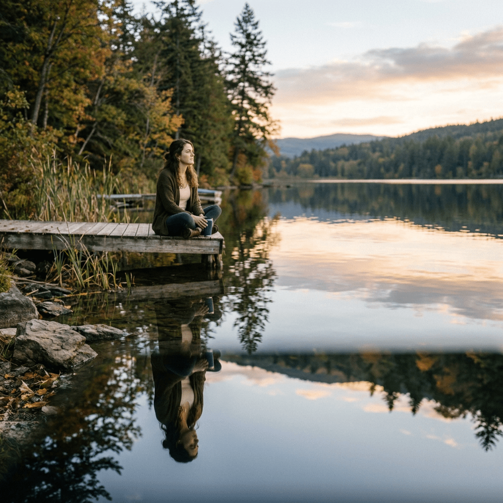 Woman standing by calm lake holding travel mug with trees and mountains at sunrise